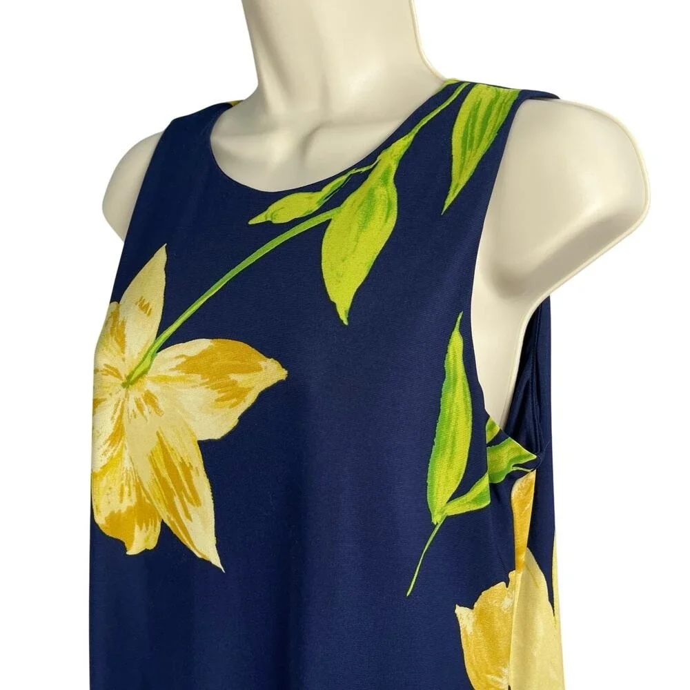 Anne Klein Dress 8 Navy Golden Floral A-line Swing Sleeveless Travel Vacation
